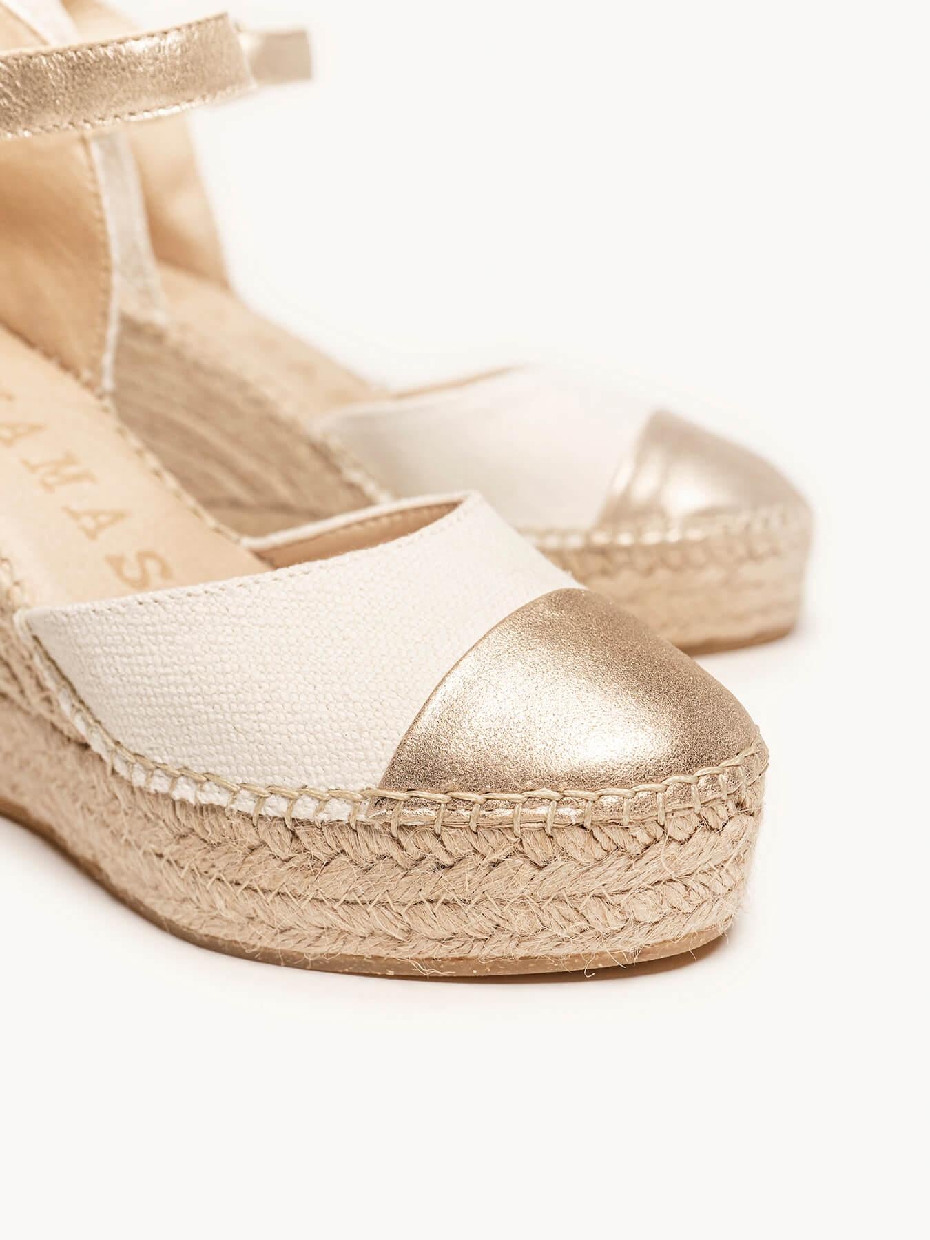 Sandália Anabela Alta Marga Napa Linho Dourada