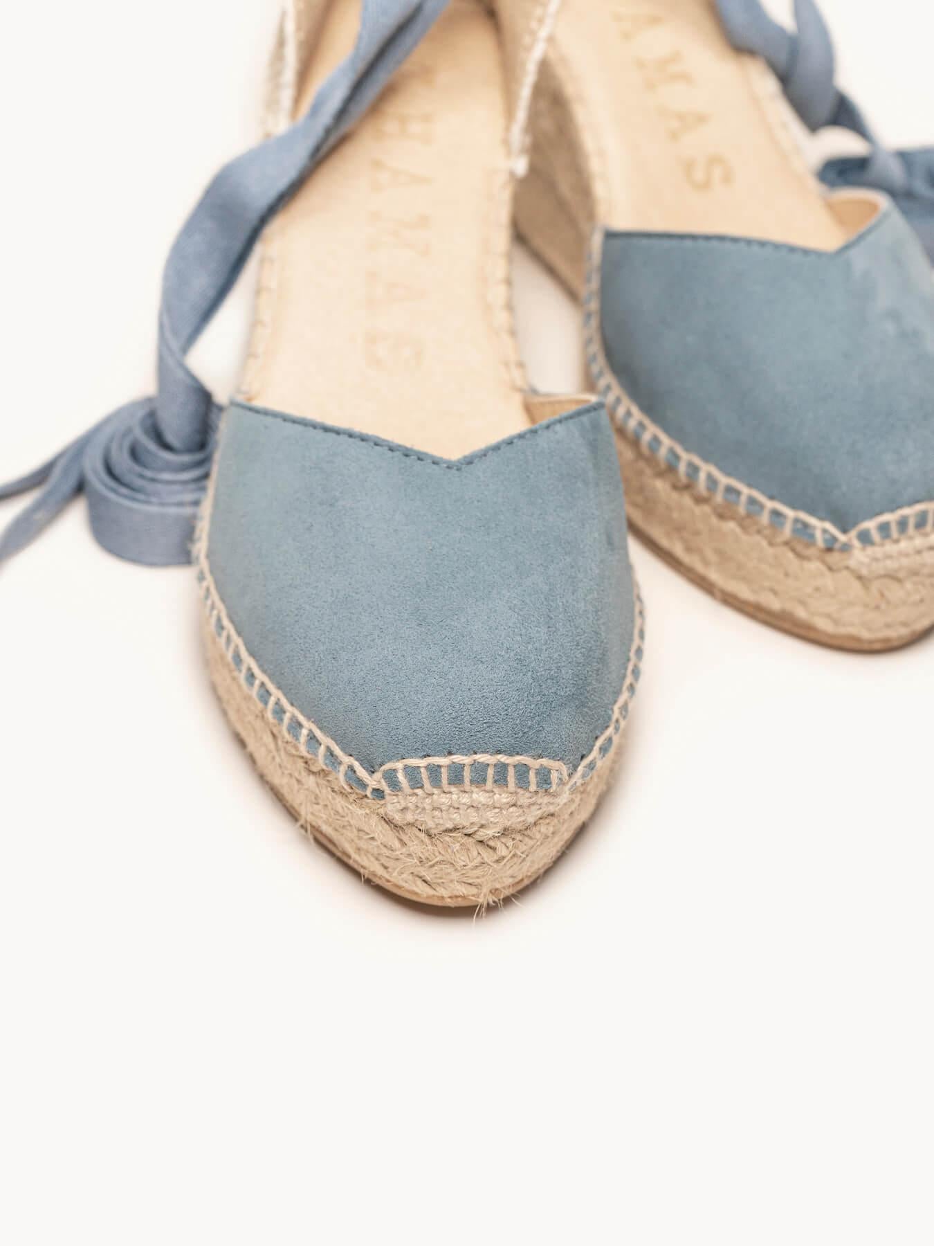 Sandália Romero Anabela 8 cm Camurça Azul Jeans