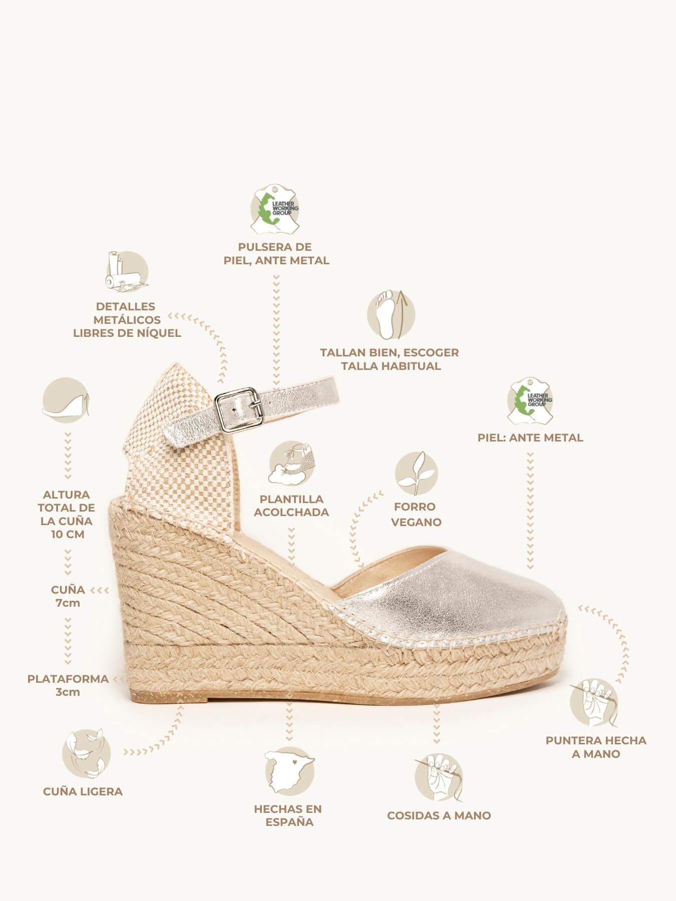 Sandália Anabela Alta Jara Camurça Metálica Prateado