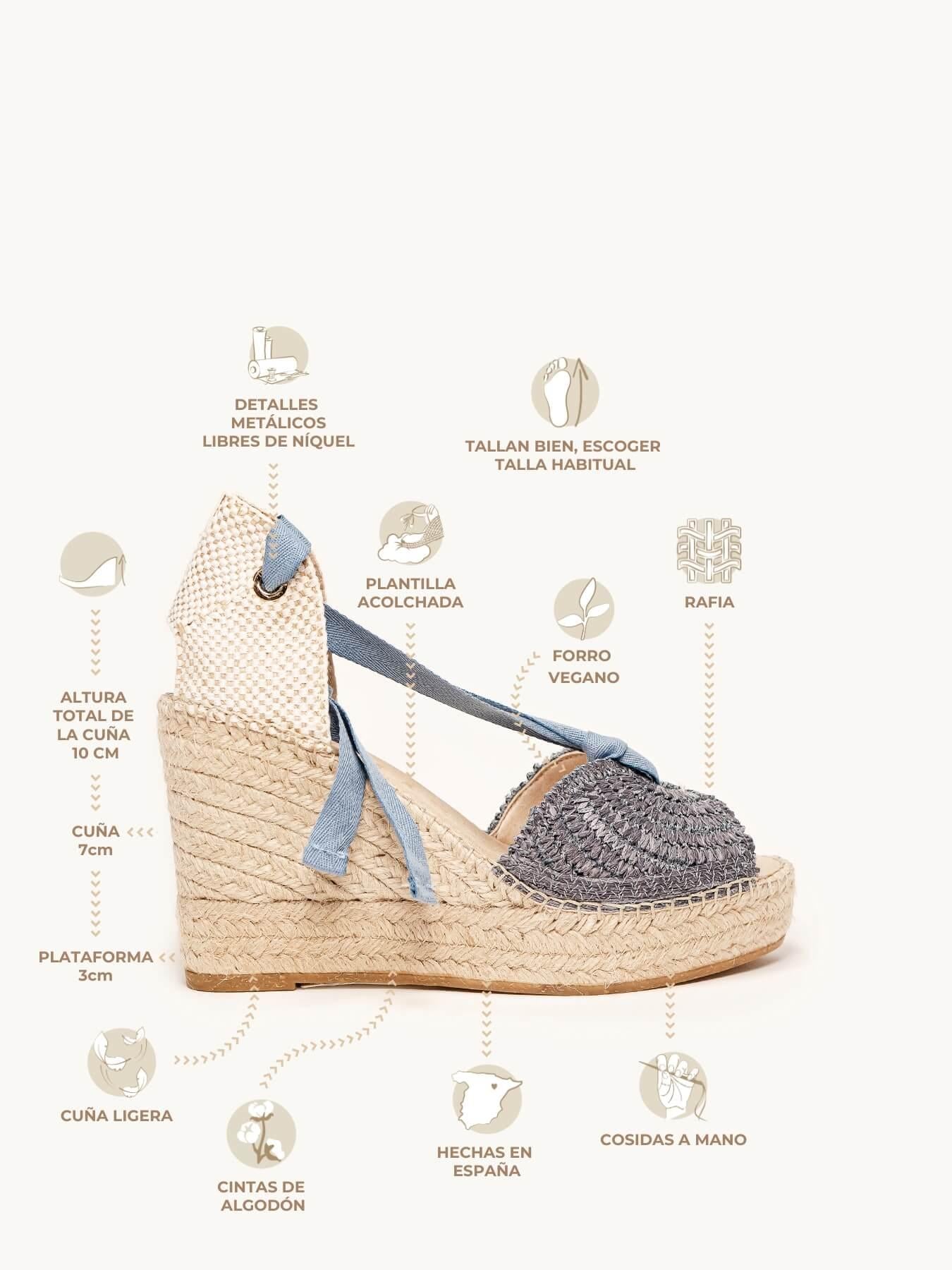Sandália Lirio Anabela 10 cm Ráfia Azul Jeans