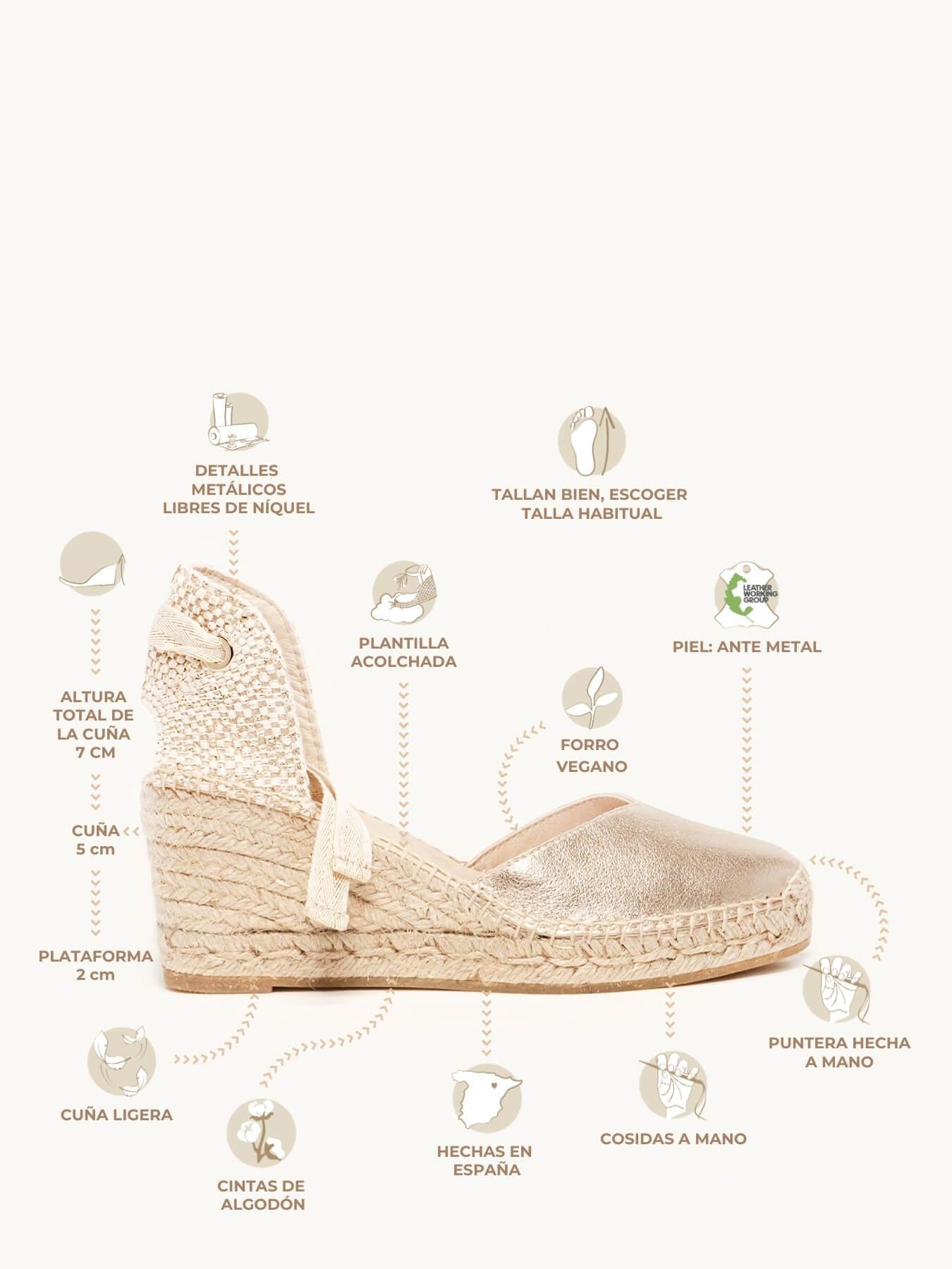 Sandália Anabela Média Romero Camurça Dourado Metalizado