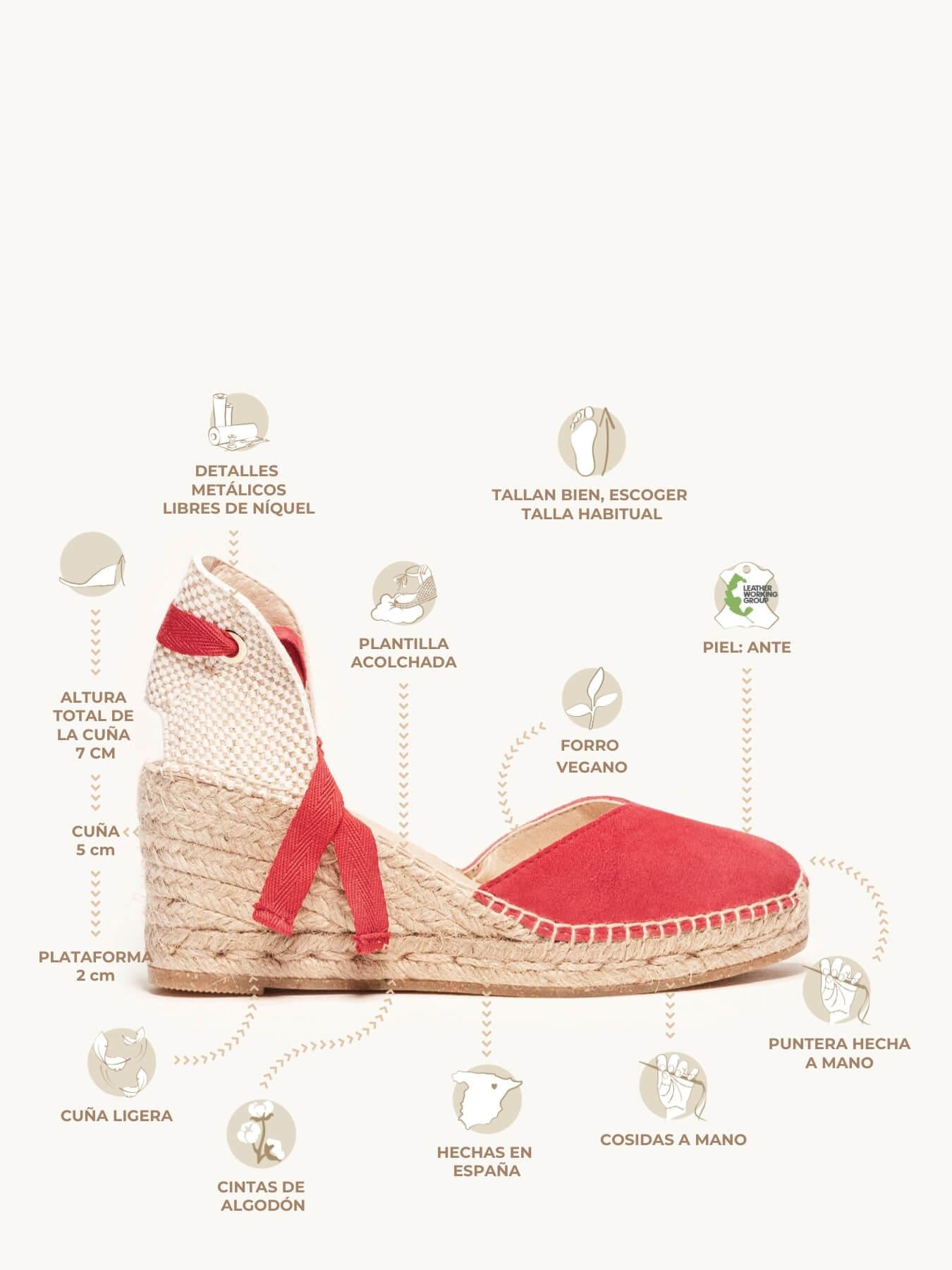Sandália Romero Anabela 7 cm Camurça Vermelho