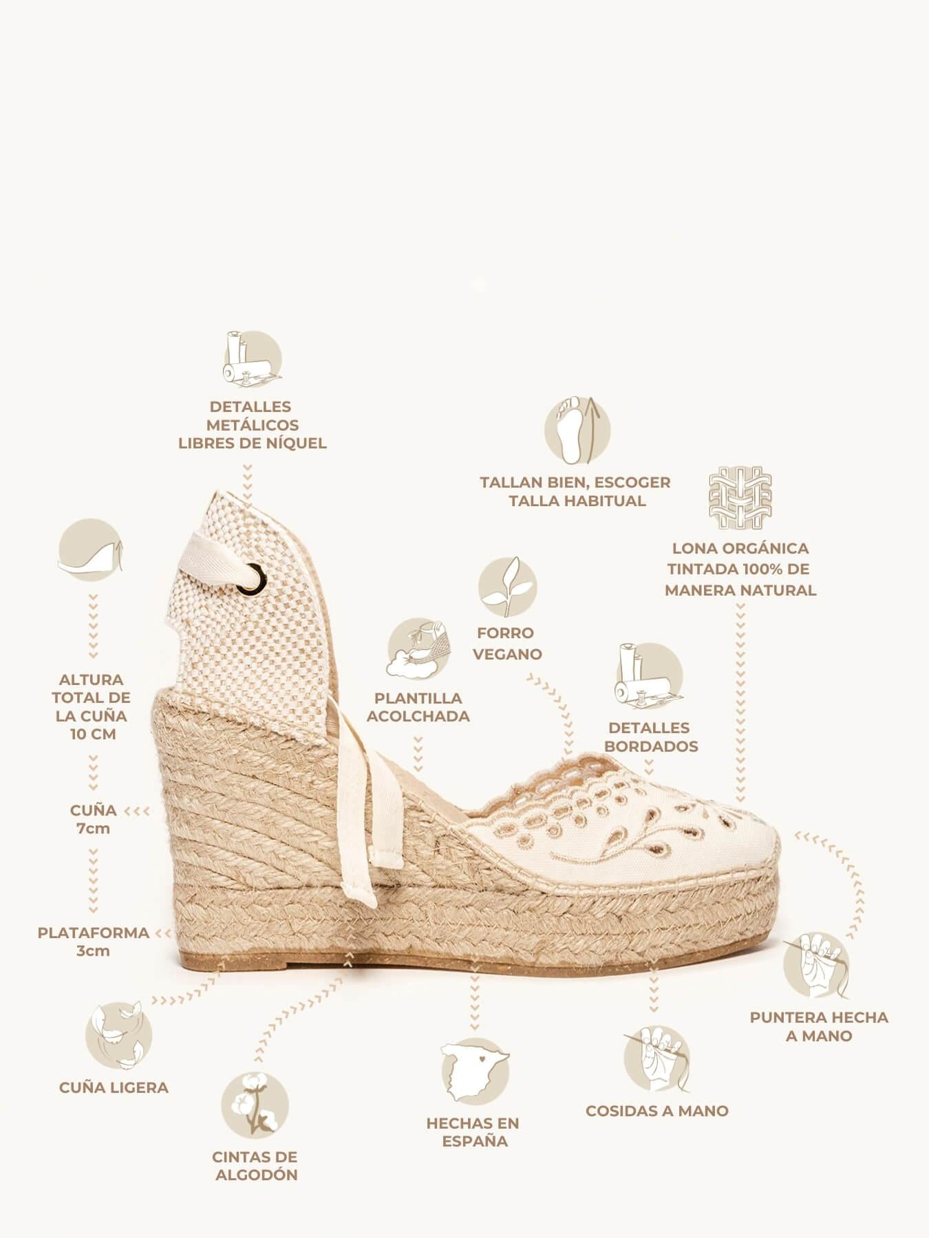 Sandália Anabela Alta Romero Lona Bordada Cru