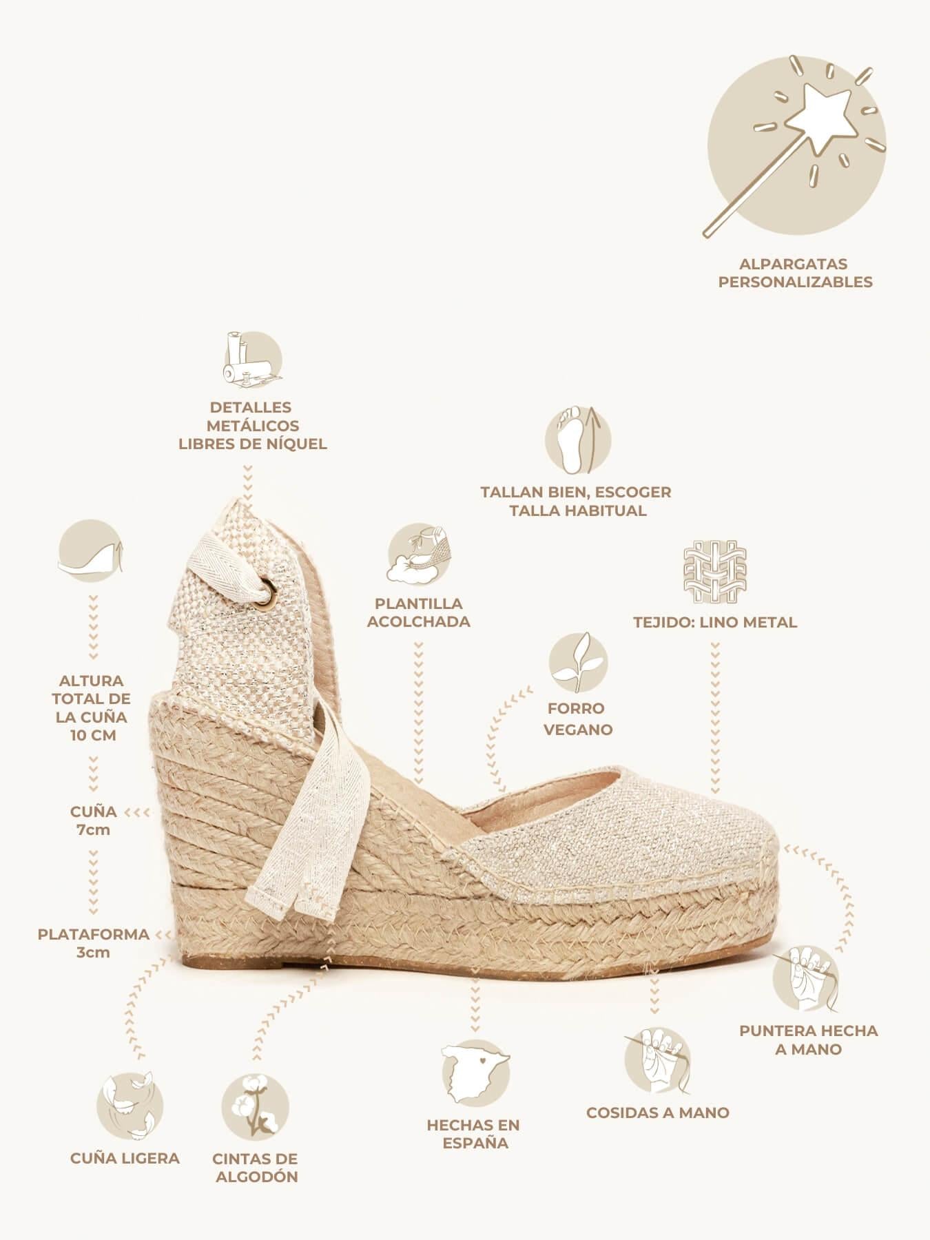 Sandália Anabela Alta Cala Linho Metal Prata