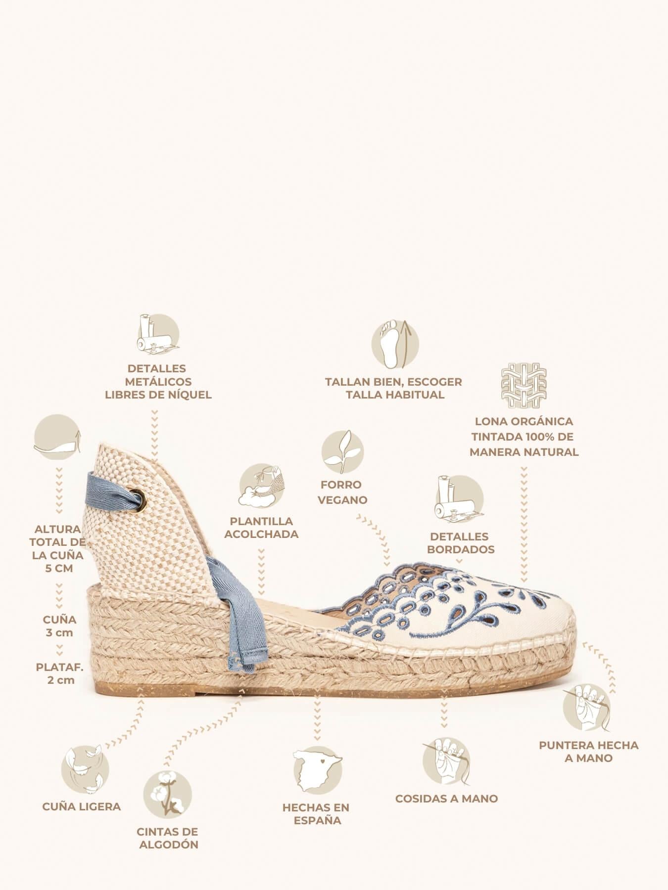 Sandália Anabela Baixa Romero Lona Bordada Azul