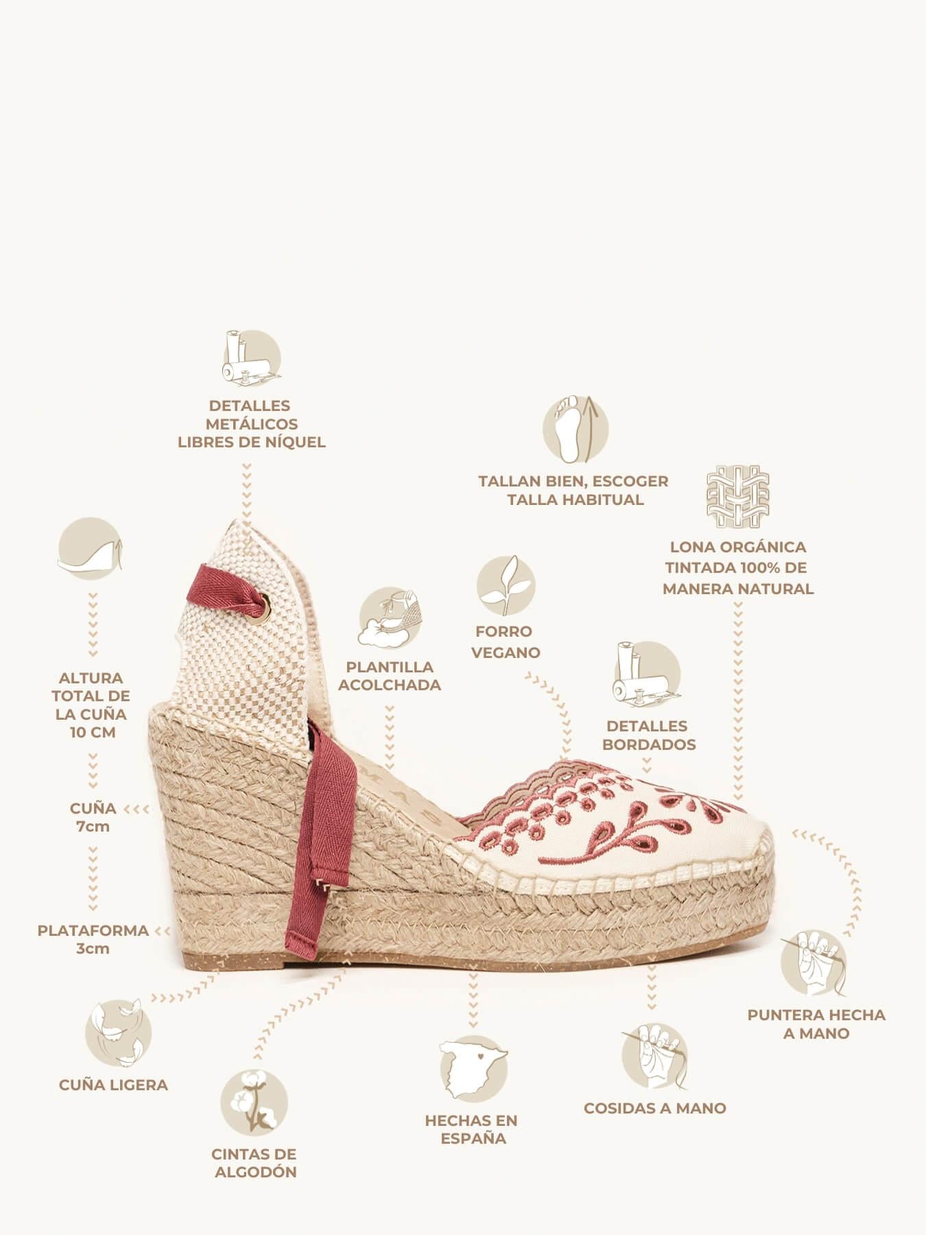 Sandália Anabela Alta Romero Lona Bordada Bordô