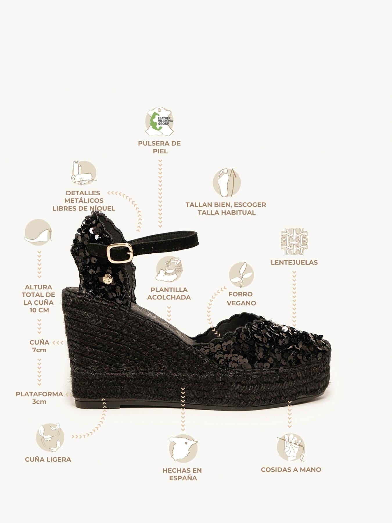 Sandália Jara Anabela 10 cm Paetês Preto
