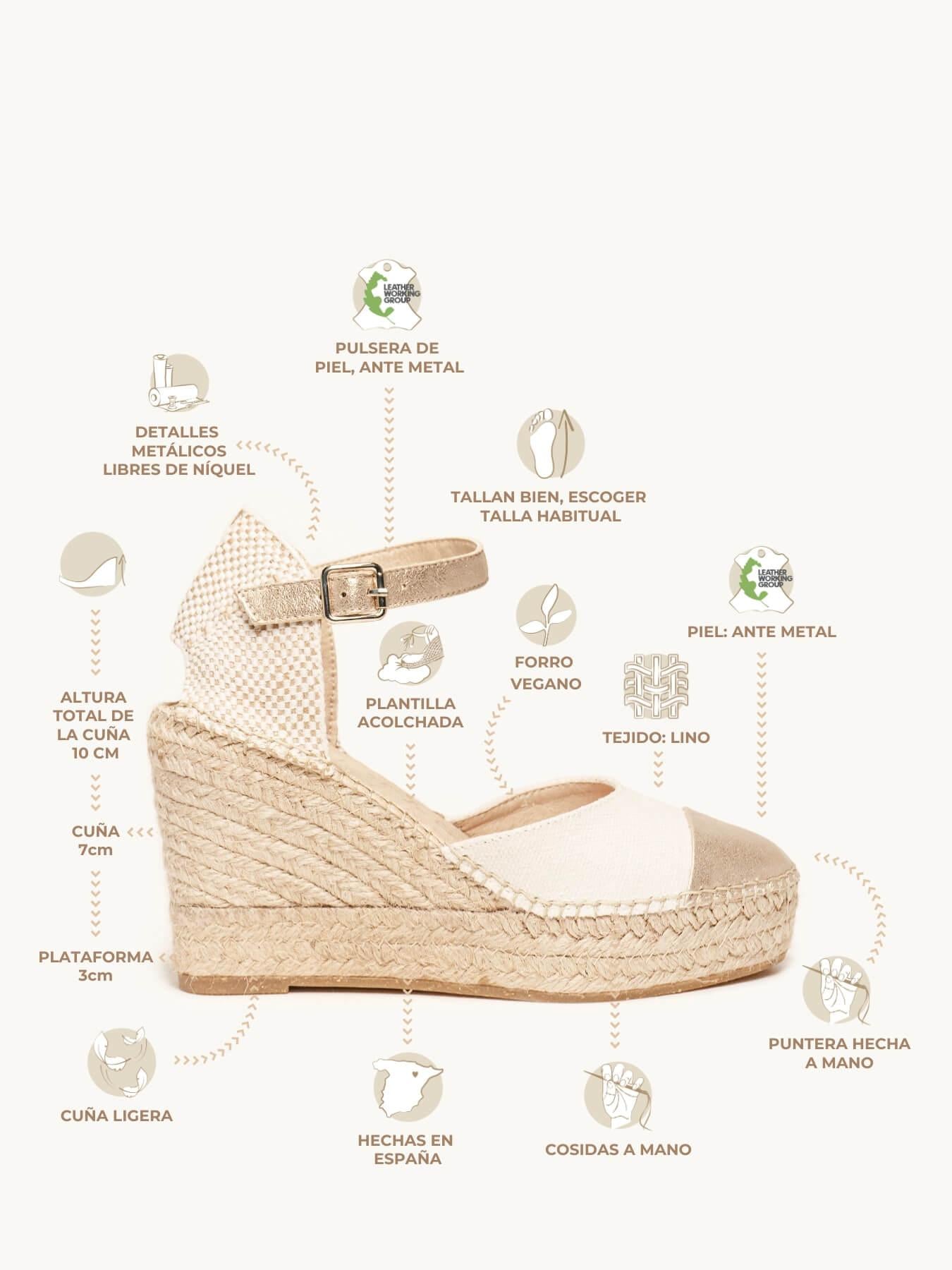 Sandália Anabela Alta Marga Napa Linho Dourada