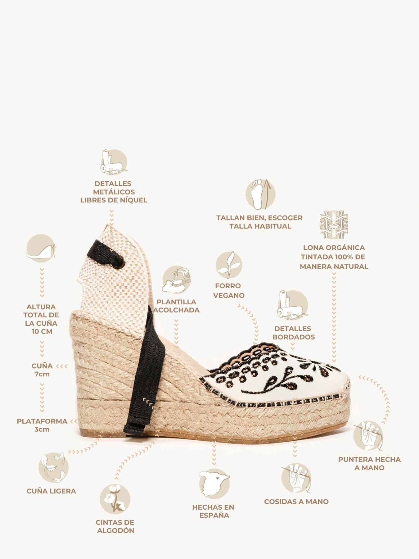 Sandália Anabela Alta Romero Tecido Bordado Preto