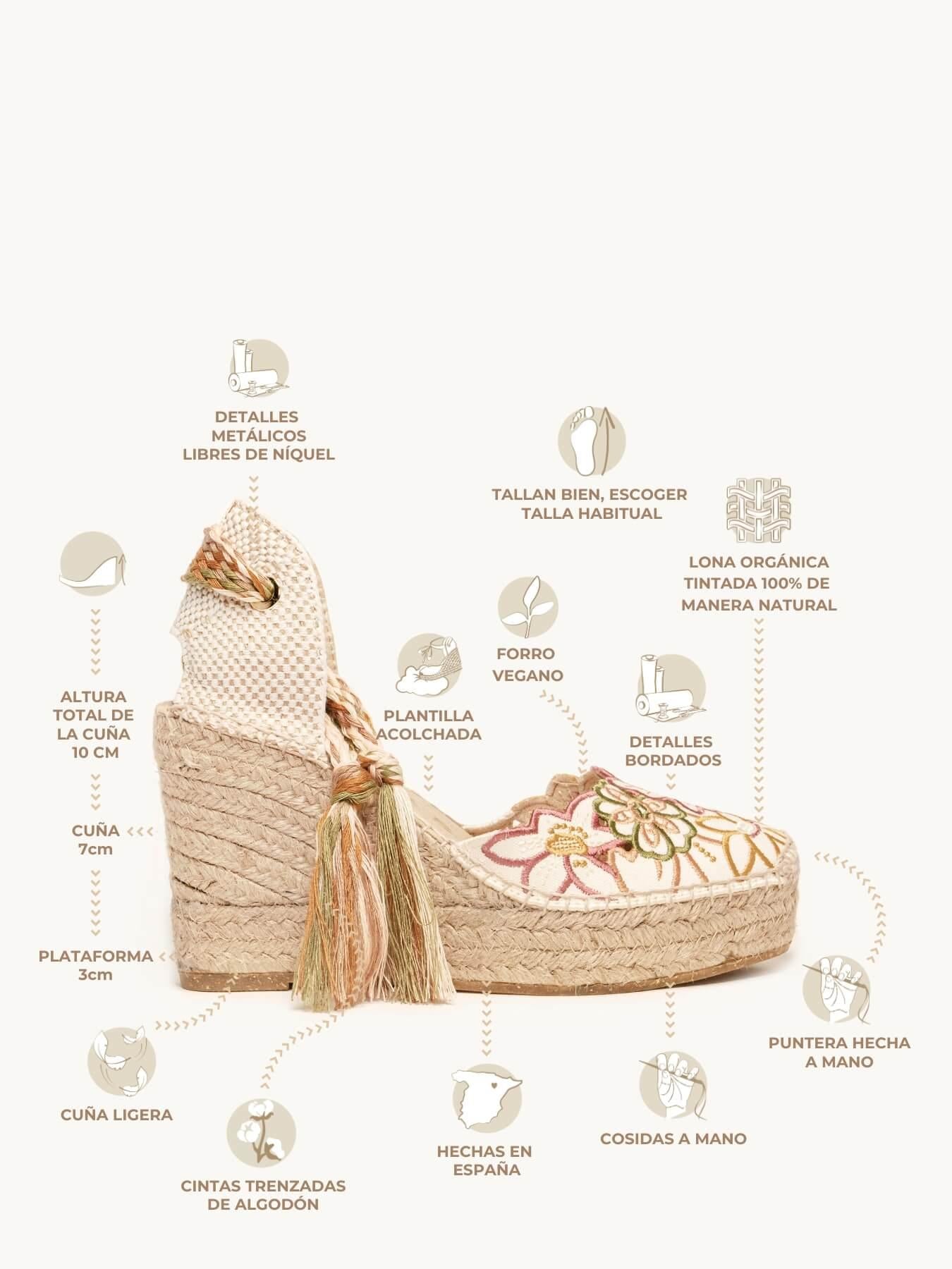 Sandália Anabela Alta Romero Bordado Silvestre Rosa