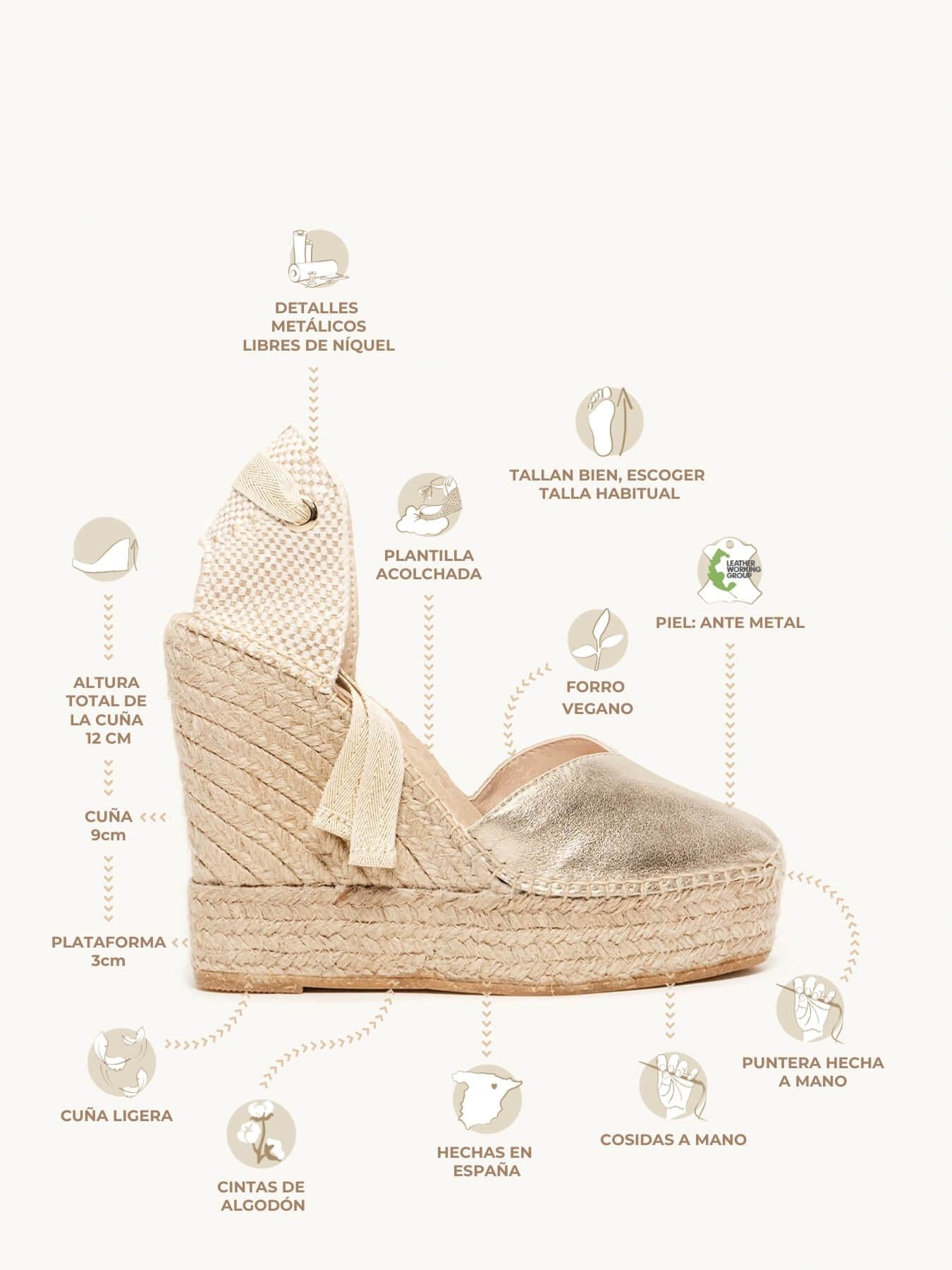 Sandália Romero Anabela 12 cm Camurça Dourado