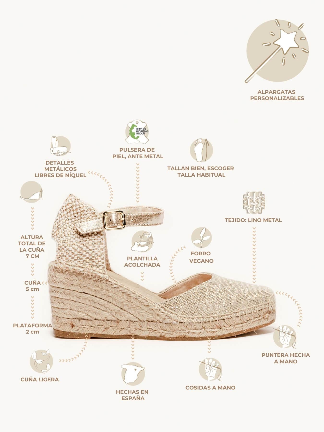 Sandália Anabela Média Dalia Linho Dourado Metalizado